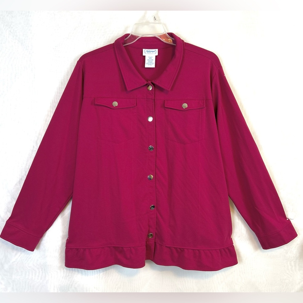 National Woman’s Pink Ruffle Hem Trucker Style Knit Jacket 3XL
